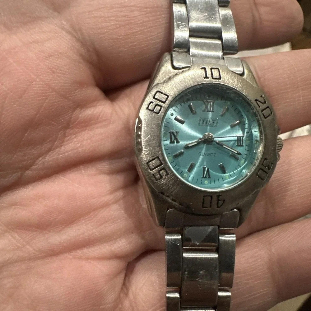 VTG Working Tilt Ladies Silver Tone Green Dial Bezel Rotate Watch 29mm Fit 7in‎